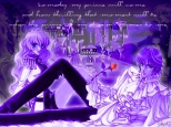 Lots of stuff going on here.  Cryptic use of lyrics from Snow White.  If you look closely enough you can see Utena and Anthy reaching for each other lightly silhouetted on the castle.  Everything in this is purple except the characters' eyes and Akio's rose.