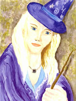 Note the "rune" on the woman's necklace. This is a signature version of the artist's initials, marked on all her work.