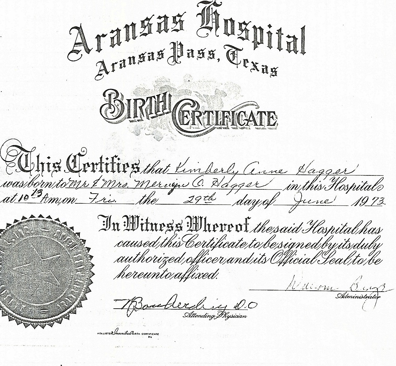 The original birth certificate of Kimberly Anne Hagger