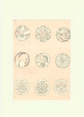 woodblock print with kimono crests (kamon)