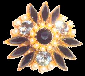 Sphinx Round brooch with long navettes - black diamond + jet