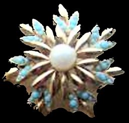 Sphinx Round brooch with Pearl + Turquoise cabouchons
