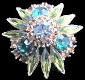 Sphinx Round brooch with long navettes - fresh green + aqua