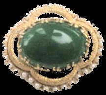 Sphinx goldtone, pearls, green stone oval fancy brooch