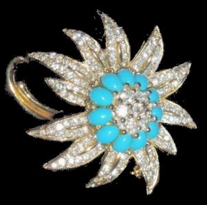 Sphinx turq cabs and pave diamante flower brooch 