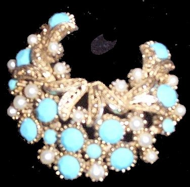 Sphinx signed 2-inch turquoise + pearl crescent brooch