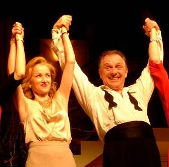 Kim Thomson with Rik Mayall at the curtain call of 'Present Laughter' (2003)