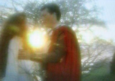 Kim Thomson with Robert Powell in 'Merlin of the Crystal Cave'