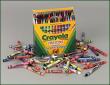 Box of 64 crayons with some on floor