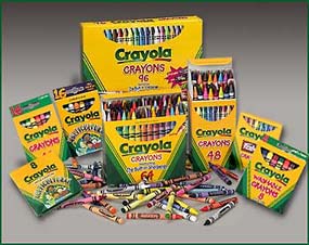 multiple boxes of crayons, different sizes, quantities