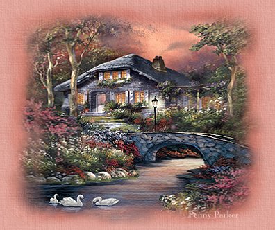 Stone home with lamppost and small stone bridge and swans in foreground