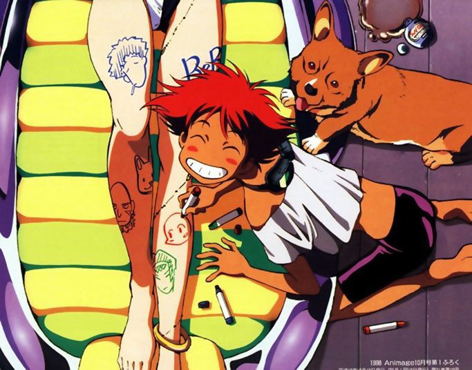 Ein watching Ed draw chibis on Faye's legs. =^_^=