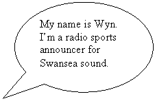Oval Callout: My name is Wyn. I�m a radio sports announcer for Swansea sound.