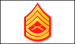 GYSGT, 3 Chevrons and 2 Rockers with a red background and 2 rifles crossed in middle.