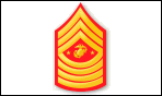 SGTMAJMC, 3 Chevrons and 4 Rockers with a red background with the Marine globe and anchor in middle.