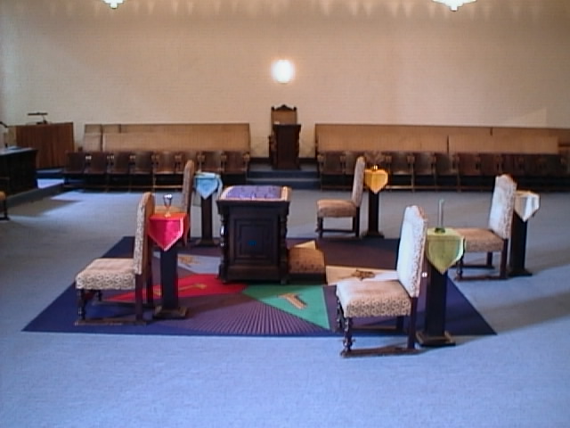 Center of blue meeting room, from the north