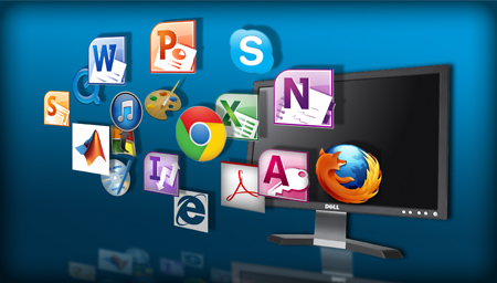 Image of icons of various software floating out of a computer screen
