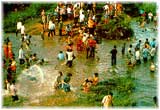 [Native inhabitants enjoy the cool, refreshing water splashing]