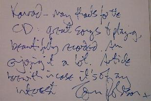 A post card from Tom Robinson referring to my first album "Honestly" - Click to visit Tom's site...