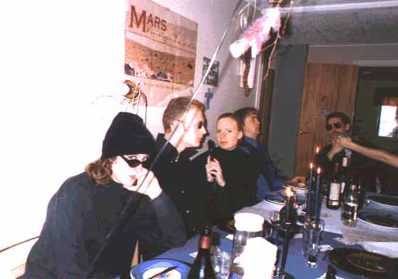 Emelie, Kalle, Hanna, Sven, Rogier och någons arm runt bordet.
