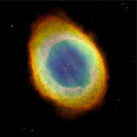 The ring nebula is a planetary nebula in the constellation Lyra, approximately 4,100 light-years from Earth. Planetary nebulas form around stars that expelled their outer layers during the transition from red giant to white dwarf late in their lifetimes.