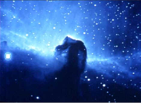 The Horsehead Nebula, located over 1,000 light-years away in the constellation Orion, is a dark interstallar cloud of gas and dust. This dark nebula is visible from Earth only because it blocks light emanating from a collection of young stars and radiant gas located behind the nebula.