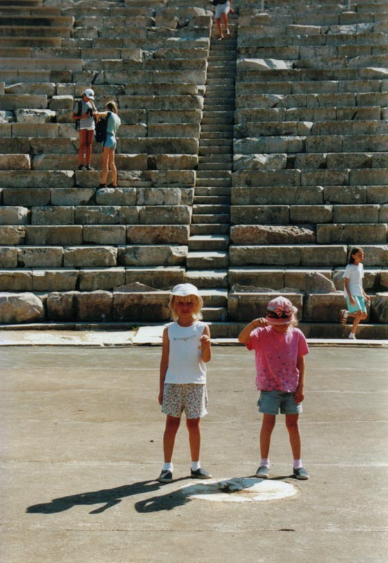 Britt and Marijne taking the famous test with a coin in the Epidaurus theatre, known for its superb accoustics