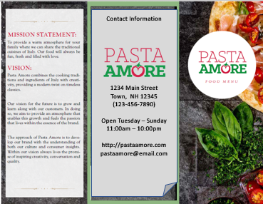 Amore Pasta Menu