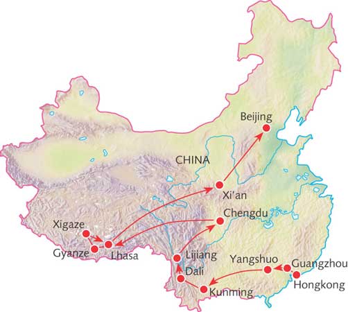 Kaart van onze route door China en Tibet, bron: Koning Aap