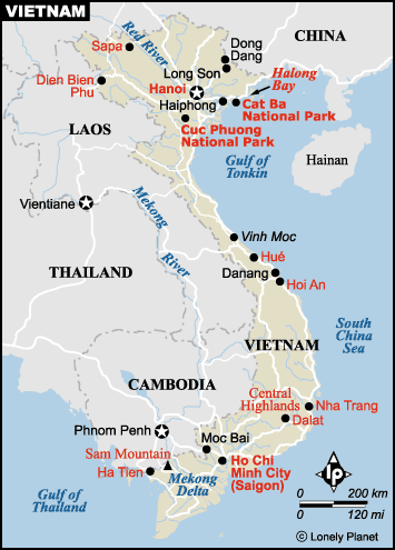 Kaart van Vietnam, bron: lonely planet