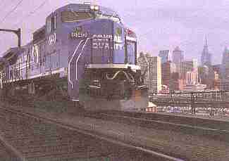 A Conrail GE C40-8 wide-cab locomotive,#6140, just leaving downtown Philadelphia, 17.34, 27/12/00.