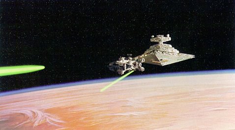 The Devastator chases the Tantive IV above Tatooine