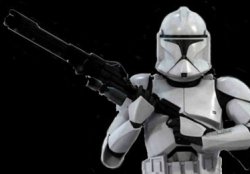 A clonetrooper brandishes a DC-15 rifle