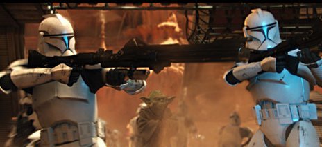 Two clonetroopers using DC-15 rifles on Geonosis