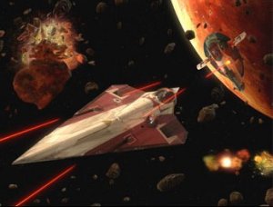 Obi-Wan Kenobi's Jedi Starfighter comes under fire from the Slave 1
