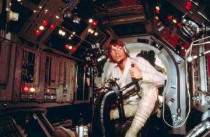 Luke at the controls of the Falcon's laser turret
