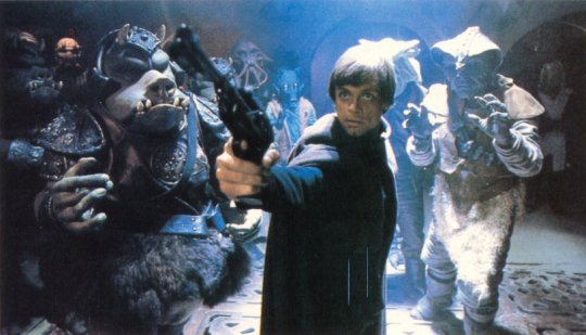 Luke Skywalker 'aquired' a sporting blaster in an attempt to kill Jabba the Hutt
