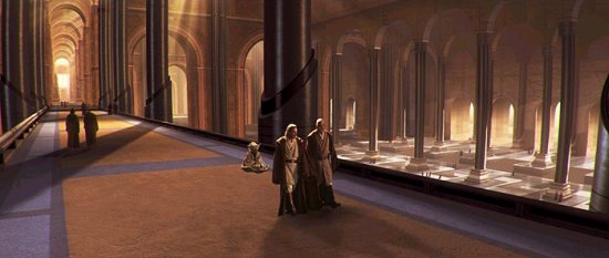 Obi-Wan, Mace and Yoda walk through the Temple atrium