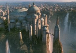 Theed palace sits atop a cliff surrounded by waterfalls from the Solleu river