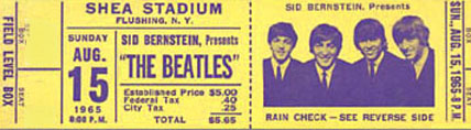 An original field box ticket from the Beatles performance at Shea Stadium Aug. 15, 1965