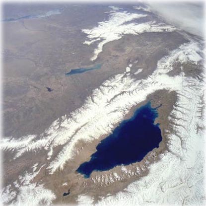 Karakol in Northern end and Balikchy in Southern end. Background huge lake in Kazakhstan