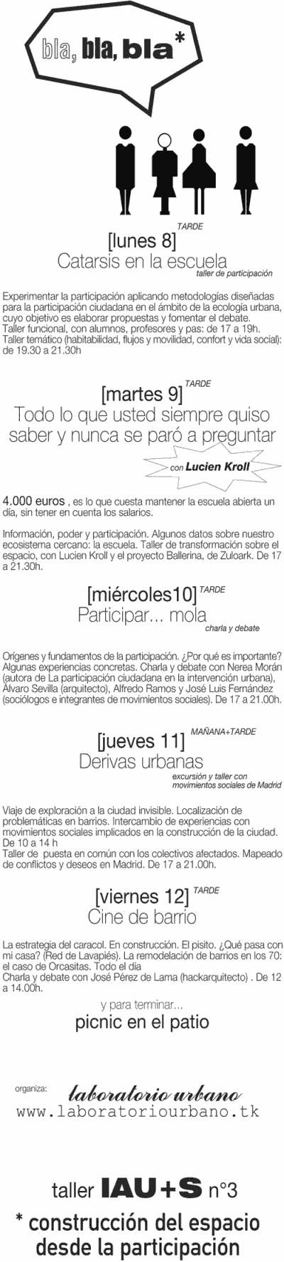 taller 3 de las jornadas de iau+s. organiza laboratorio urbano. horario