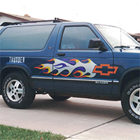 Dump truck with flame graphic