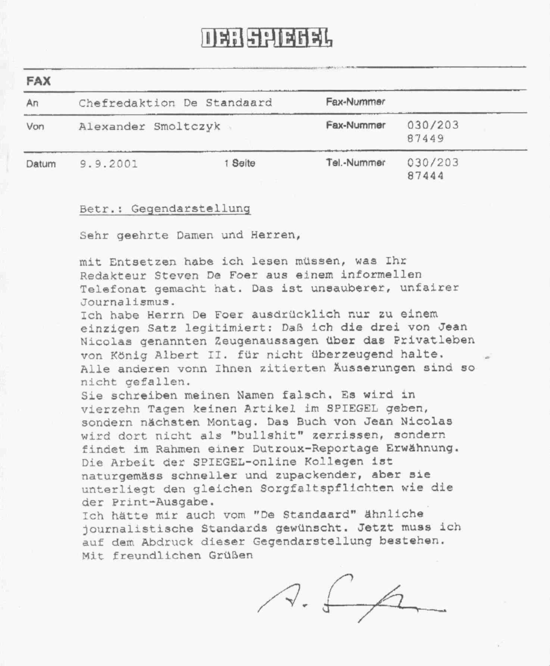 fax van Der Spiegel aan de Standaard