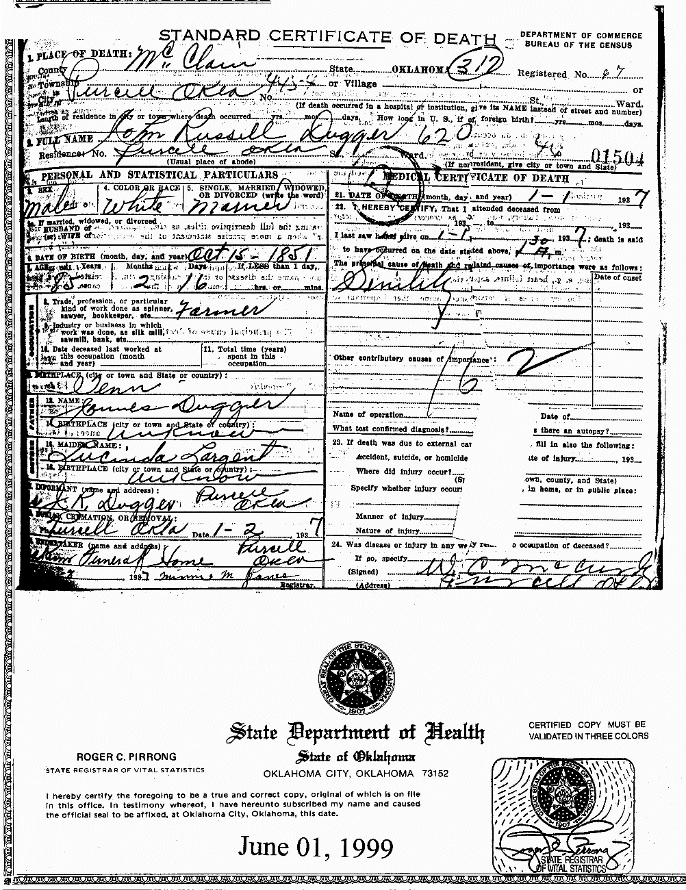Death Certificate of J. R. Dugger