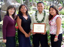 Student of the quarter, Albert Andres, pictured with award presenters, Sheri Nakashima & Diana Ishii of the Westin Maui Hotel and 
Sharon Saribay, teacher