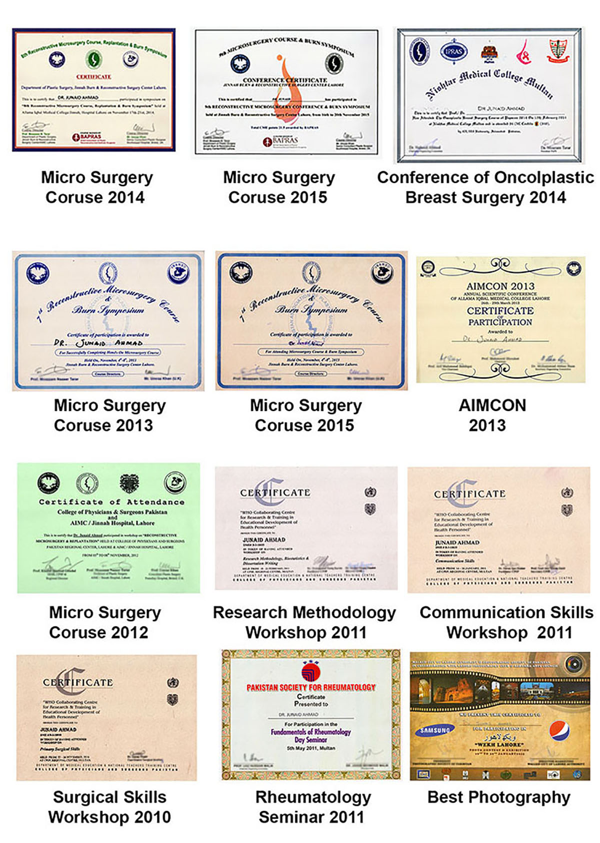 More Certificates of Dr Junaid Plastic Surgeon