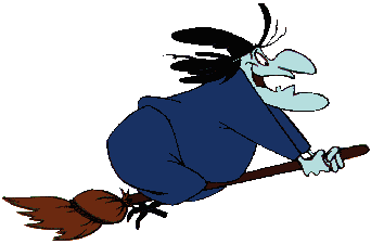 Witch Hazel flying on her broom