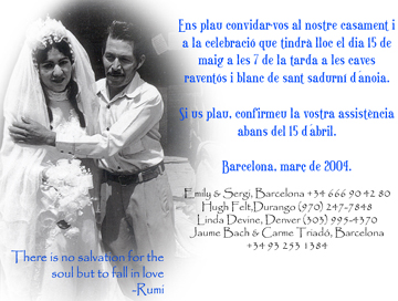 Wedding invitation in Catalan. Emily Felt and Sergi Bach May 2004