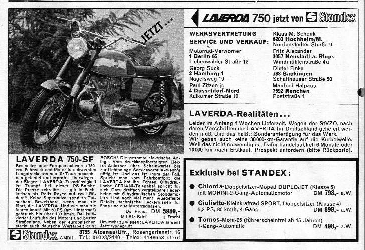 Werbung aus der Motorrad von 71, fuer die 750 GT, die s bzw. sp&auml;ter die SF waren teurer!